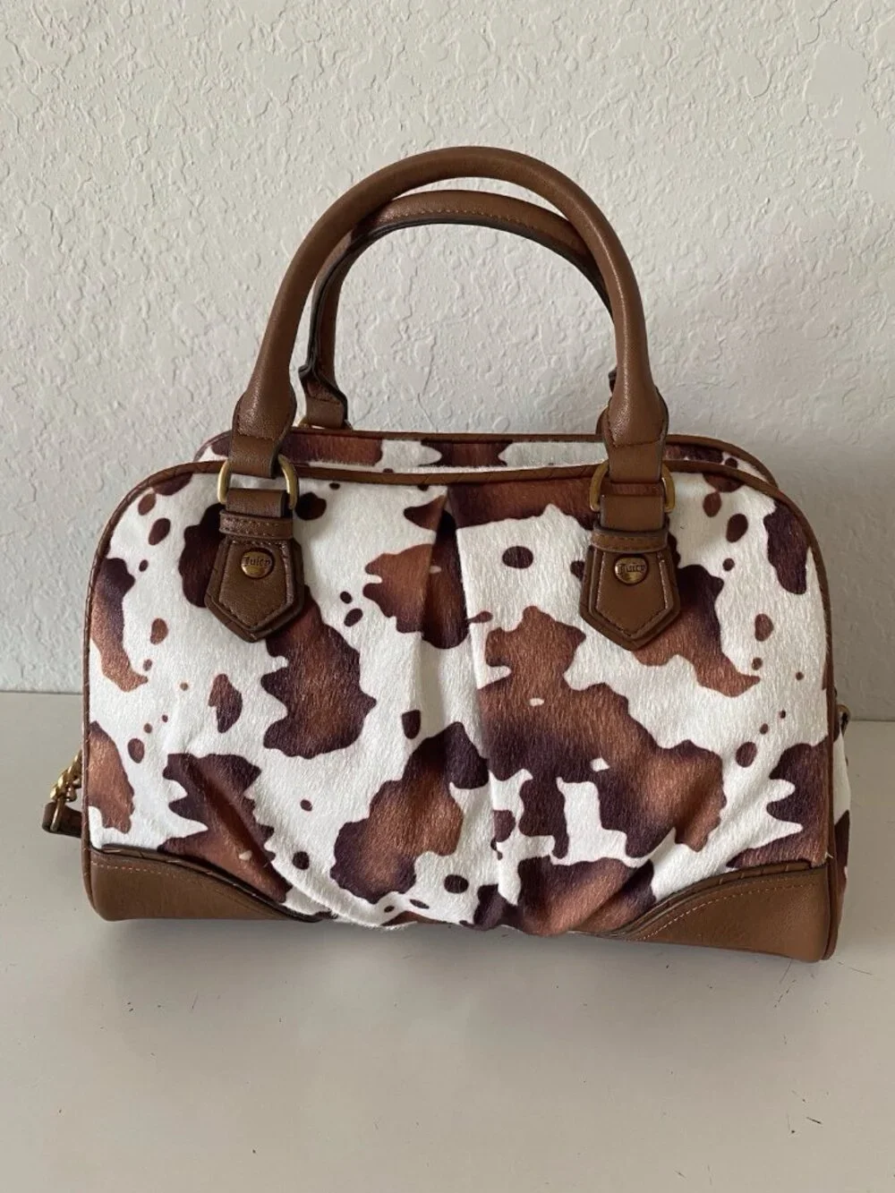Juicy Couture Romance Cow Print Satchel In‎ Saddle Brown W/Charm Viral NEW